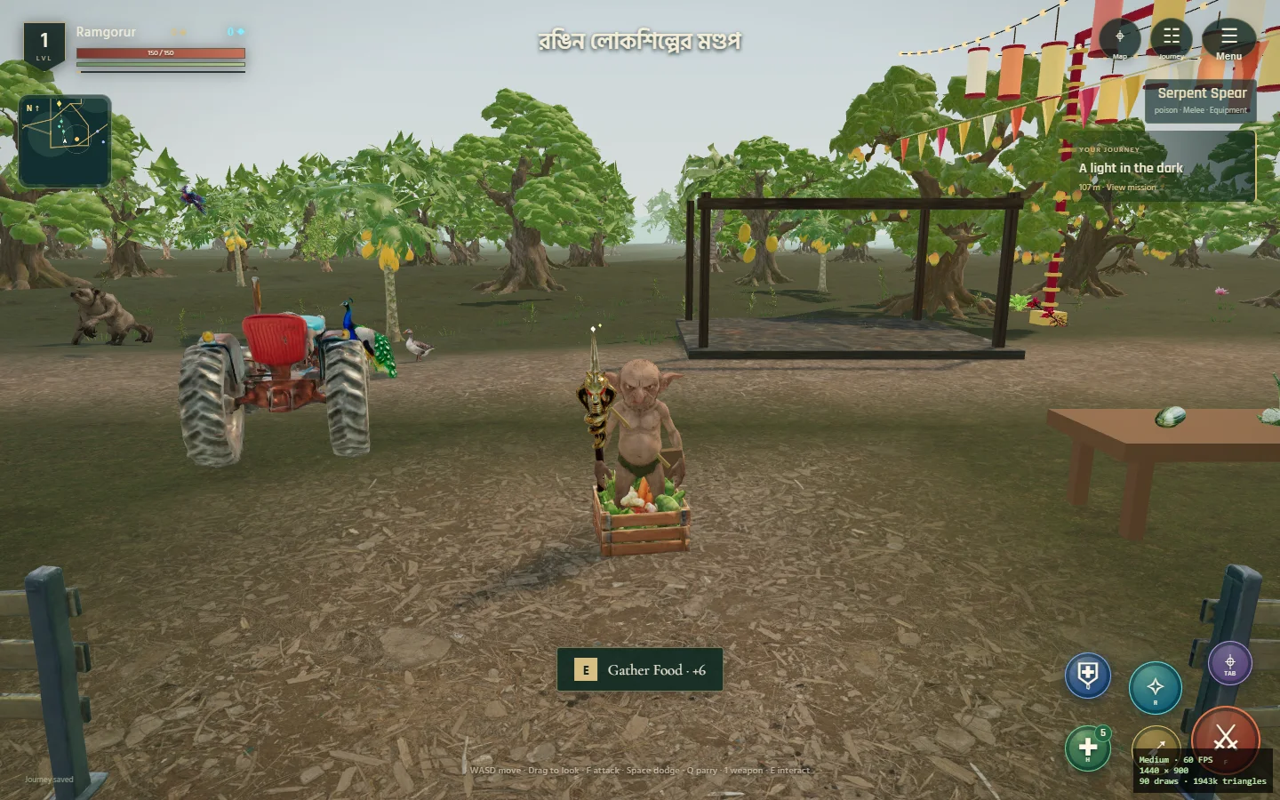 Actual Aboltabol PC gameplay: Ramgorur beside a fruit orchard and a tractor